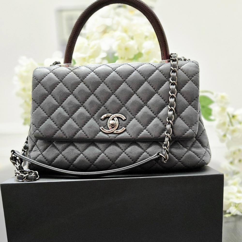 Chanel Coco Caviar Leather Quilted With Lizard Handle Gray Shoulder Bag Medium